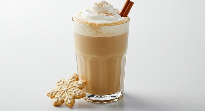 A tall glass of latte is topped with whipped cream a cinnamon stick  a snowflake cookie beside it on a white background