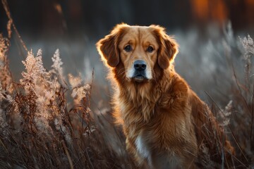 Obraz premium Golden retriever sits in a field, sunlight on his fur, looking forward. Use for pet product ads, nature scenes, or heartwarming stories.