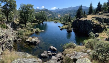 Fototapeta premium Calm Lake Surrounded by Rocks and Trees