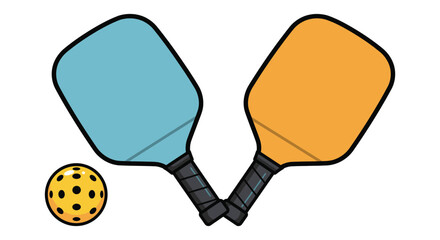 two colorful paddles crossed with a small ball nearby