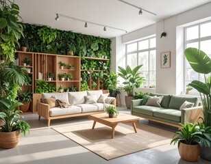 A bright and airy living room boasts a lush vertical garden wall, light-toned wooden furniture, and pops of sage green accents, creating a serene and inviting atmosphere.