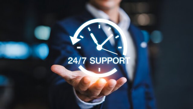 Professional businessman confidently presents 24/7 customer support icon, symbolizing constant availability and dedicated service for modern businesses worldwide.