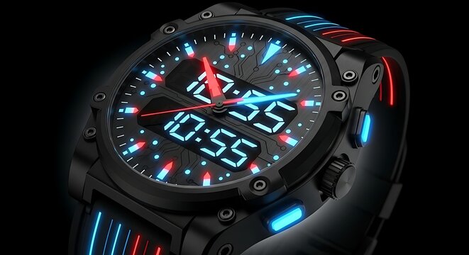 Sleek Black Digital Wristwear with Neon Accents: Timekeeping Device Featuring Unique Lighting Design and Modern Aesthetics on Dark Backdrop.