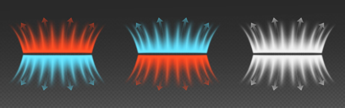 Glowing air streams with directional arrow indicators - red, blue and white on dark background for ventilation or cooling systems. Upward and downward movement visualization. HVAC circulation graphic.