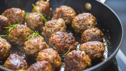 Crispy & Juicy: Irresistible Pan-Fried Meatballs Food &ndash; Tender Ground Beef, Pork, or Turkey Meatballs Seared to a Golden Crisp on the Outside, Juicy and Flavorful Inside, Seasoned with Garlic