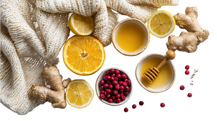 Flatlay of Honey Lemon Ginger and Cranberries on Knitted Blanket