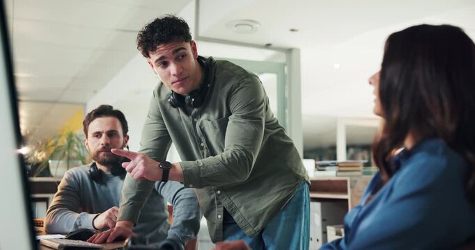 Computer, explain and training with people in call center for system integration or orientation. Coaching, contact us and conversation with employee team in customer service office for support