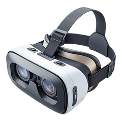 A close up shot of a white and black virtual reality headset with adjustable straps on a black background created with generated ai