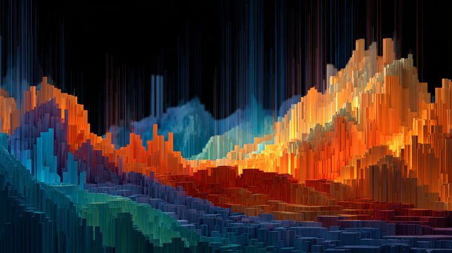 Abstract voxel terrain with cool and warm gradient colors
