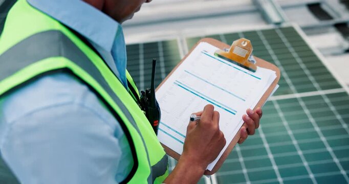 Solar panel, technician and writing on site with checklist, review or inspection for pv installation. Maintenance, clipboard or person with photovoltaic system, safety evaluation or quality assurance