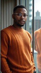 Obraz premium Confident and stylish young Black man in a modern urban environment, with a powerful and determined expression and stride.