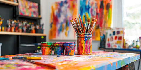 A colorful array of paintbrushes and jars, with a backdrop of abstract paintings and a table covered in paint, in a creative studio setting.