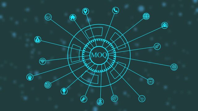 Futuristic circular network diagram with MOQ text and small icons on a dark teal blurred background