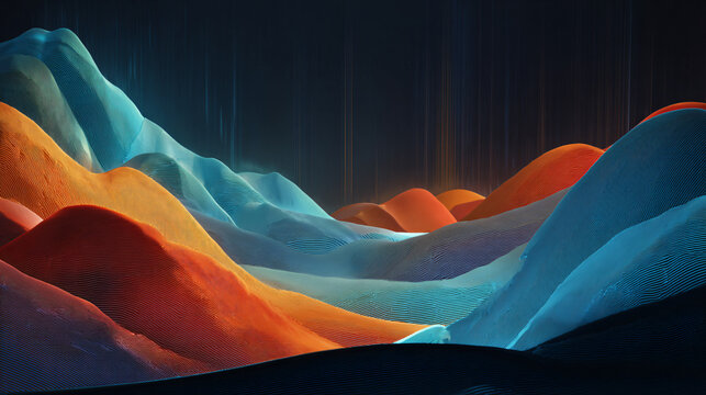 Abstract voxel terrain with cool and warm gradient colors
