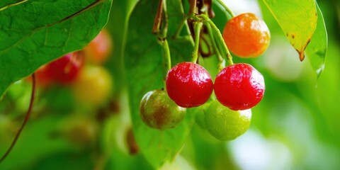 Obraz premium Beautiful ripe cherries hang from a branch with lush green leaves in the sunlight.