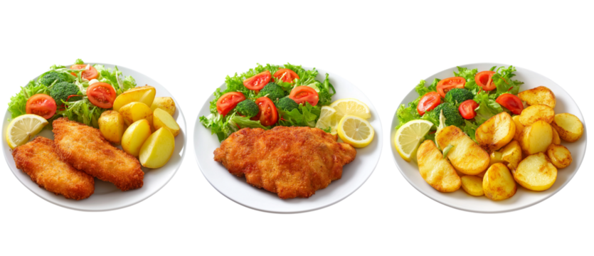 3 white plates with tacos, each one filled with al pastor and pulled beef, top view, isolated on a white background,