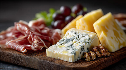 Close-up gourmet cheese platter with European cheeses and assorted cured meats on rustic wooden board styled for fine dining