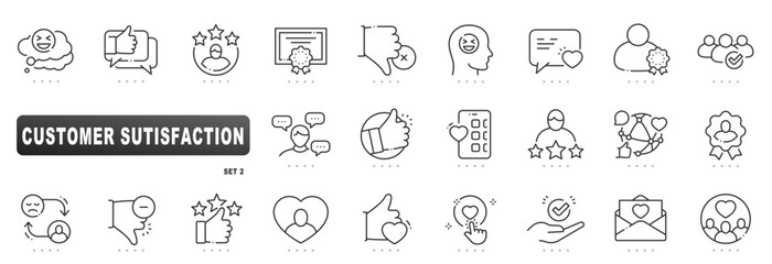 Customer satisfaction line icons covering feedback, reviews, ratings, loyalty, support, surveys, community, trust, quality, mobile chat, editable stroke, approval, guarantee