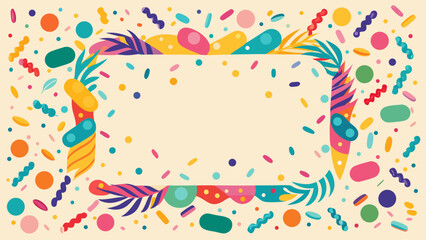 Colorful confetti and streamer border with tropical leaves