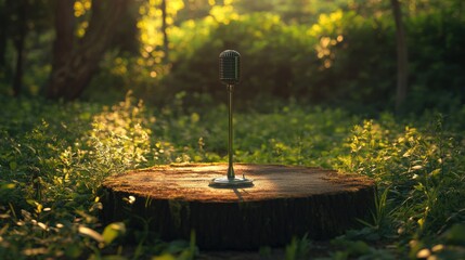 a stage with microphone in the misty and dense forest or park, nobody around