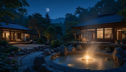 Vue nocturne sereine d'une source chaude japonaise et d'un jardin