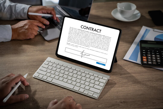 Digital contract concept: tablet screen with electronic signature form, keyboard, stylus, and office desk setup for business agreement, legal document signing, remote work, and e-signature. - Powered by Adobe