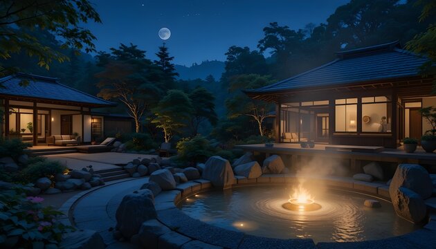 Vue nocturne sereine d'une source chaude japonaise et d'un jardin