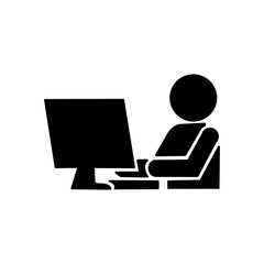 【Business Icons – Meeting】Office worker using desktop computer icon / デスクトップパソコンを使うオフィスワーカーのアイコン