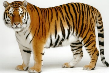 Full shot of a tiger, orange and black stripes, white underbelly