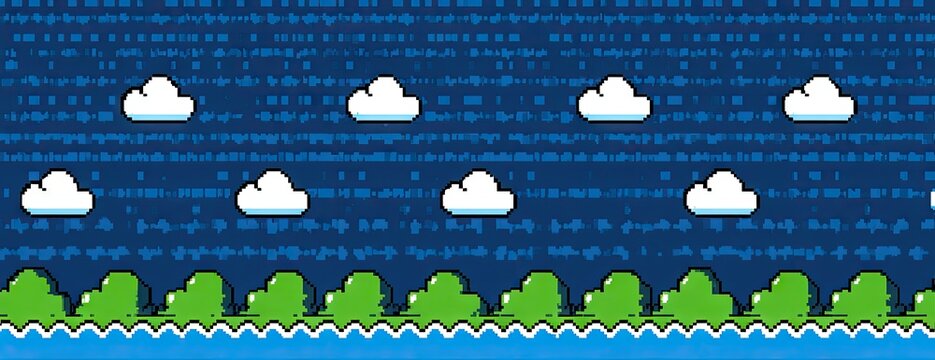 Pixelated landscape with clouds and trees, reminiscent of classic video game backgrounds