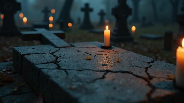 Spooky Cemetery at Night with Candles and Crosses.