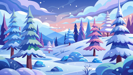 Fototapeta premium Vibrant winter forest landscape with snowfall and colorful sky