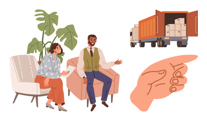 Man and woman conversing on chairs near plants, pointing hand, truck loaded with boxes. Ideal for logistics, shipping, teamwork, delivery, business planning, consulting simple flat metaphor