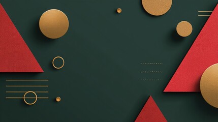 A minimalist holiday background featuring geometric shapes in Christmas colors, with gold circles and red triangles dotted on a dark green background, using white space to create an abstract design.