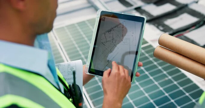 Engineering, tablet screen or people on roof with solar panels, planning or idea for green energy. Sustainability, collaboration or technician in city with tech, vision or maintenance for clean power