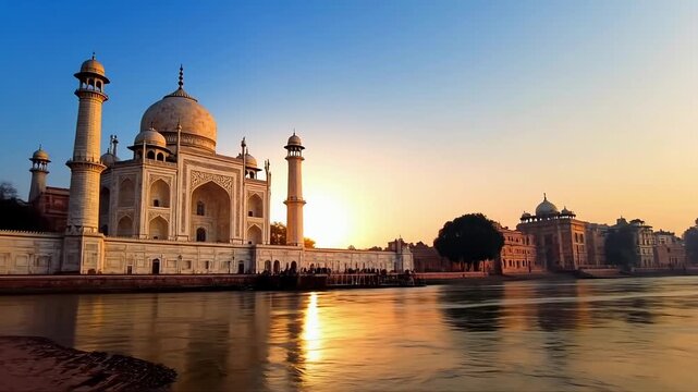 Majestic Taj Mahal at sunrise with golden light reflecting on the water creating a breathtaking view for travel and cultural experiences in India