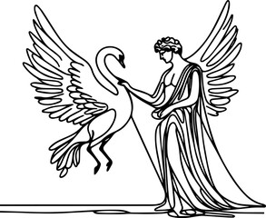 Fototapeta premium Elegant woman interacting with a swan in line art style 