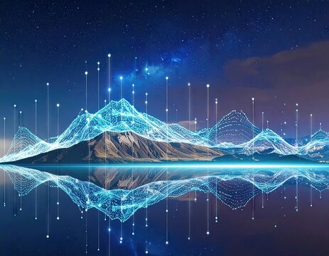 Futuristic Holographic Mountain Landscape with Neon Lights