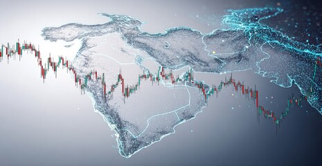 World map overlaid with financial charts, showing fluctuating trends