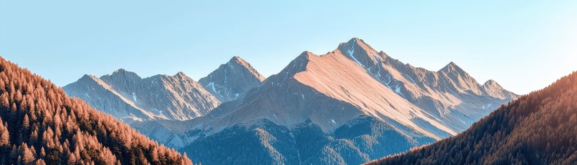 Fototapeta premium Scenic mountain landscape with snow-capped peaks and lush valleys, showcasing nature's beauty under a clear blue sky.