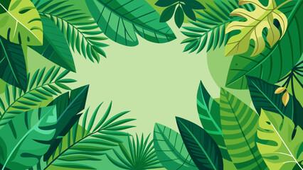 Vibrant tropical leaves border with light green background