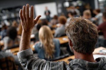 A man raises his hand in class, eager to answer the teacher