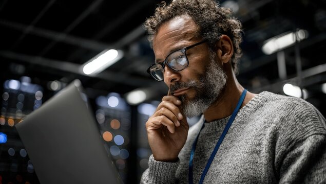 A man is smiling joyfully while looking at a tablet in a server room