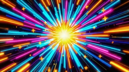 Dynamic explosion of vibrant neon light streaks and stars creating a sense of energetic motion and celebration, perfect for exciting events and futuristic themes