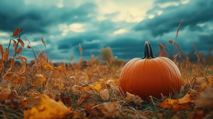 Single pumpkin sitting in a field of autumn leaves under a dramatic cloudy sky in the fall season