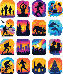 Vibrant gradient icons representing travel, adventure, family, culture, animals, and nature landscapes. Ideal for tourism, outdoor lifestyle, and cultural promotion designs.
