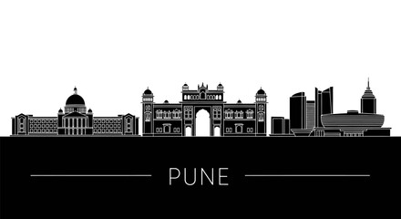 Naklejka premium Pune Skyline with India, Cityscape, Vector, and Silhouette.