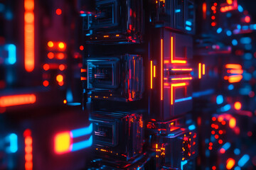 Powerful crypto mining farm with hundreds of graphics cards and neon lights for cryptocurrency blockchain data center generative ai