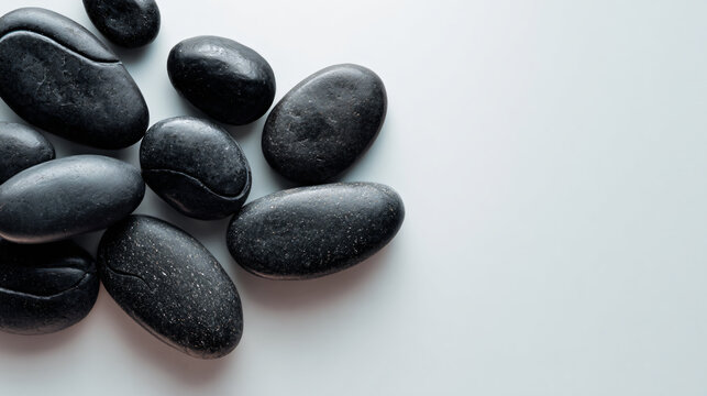 Smooth black pebbles on plain white surface