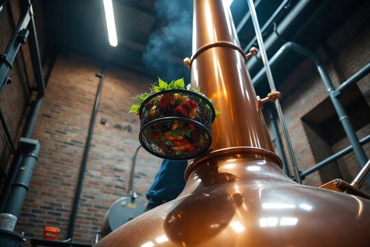 Craft distiller working at a copper still, checking aromatic botanicals in a gin basket during the artisanal distillation process.